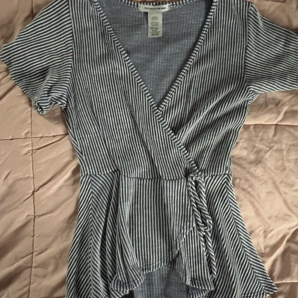 Caution to the Wind- Striped Wrap Top - Blue and White